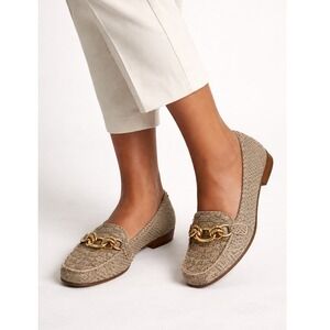 Stuart Weitzman Canvas Leather Tan Gold Flats Loafers Chain Detail Low Heel 7.5